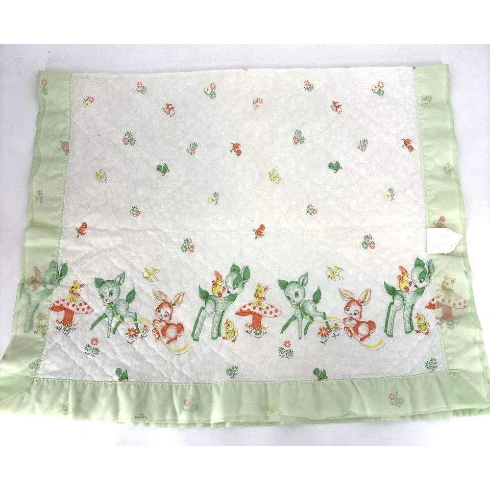 Vintage 70s  Acrylic Baby Blanket Satin Trim Woodland Mushrooms Dear Bunny Chick
